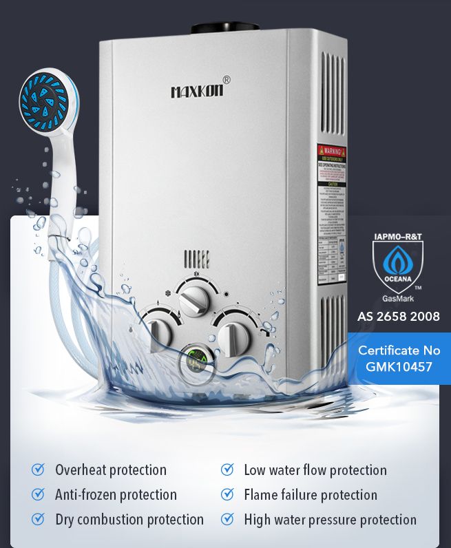 MAXKON 520L Hr Portable 10 in 1 Outdoor Gas LPG Instant Shower Water Heater - Silver