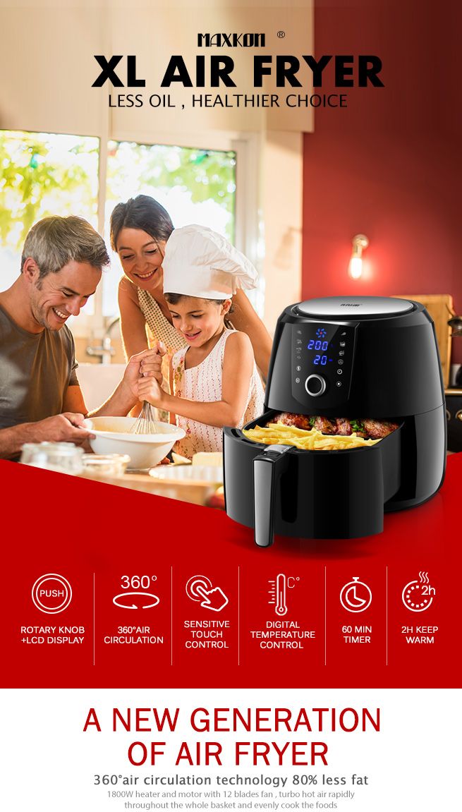 Maxkon New 7L Air Fryer LCD Health Cooker Low Oil Rapid Deep Frying 1800W Black