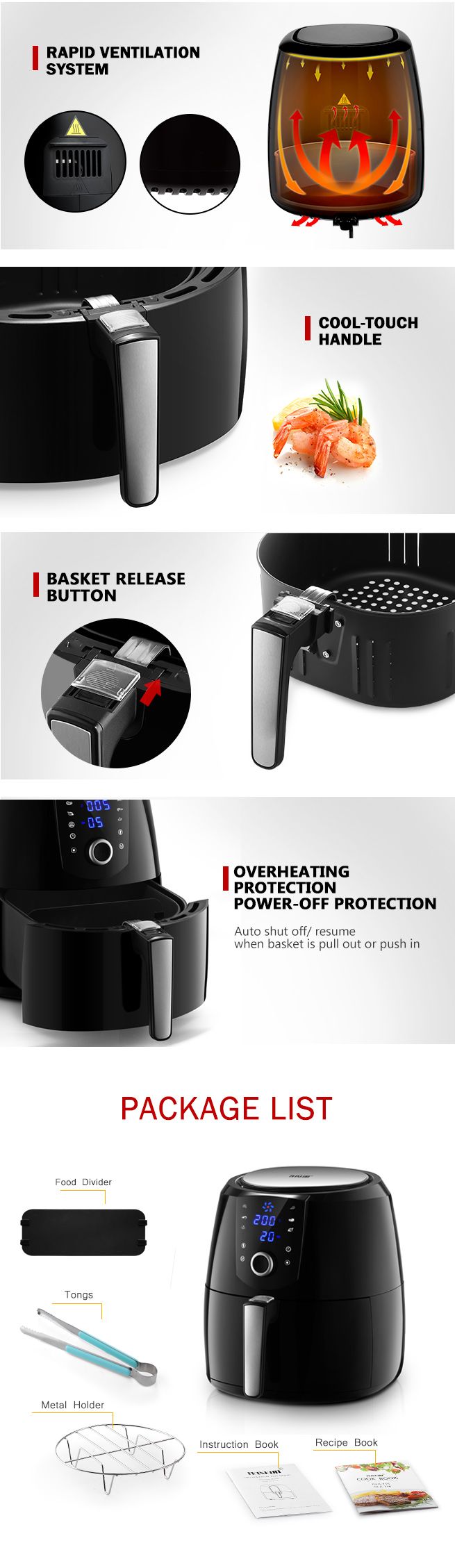 Maxkon New 7L Air Fryer LCD Health Cooker Low Oil Rapid Deep Frying 1800W Black