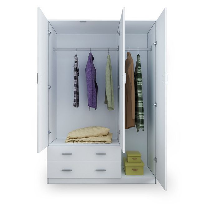 White Wardrobe Cabinet Wood Bedroom Clothes Storage Organiser Cupboard 3 Doors 2 Drawers