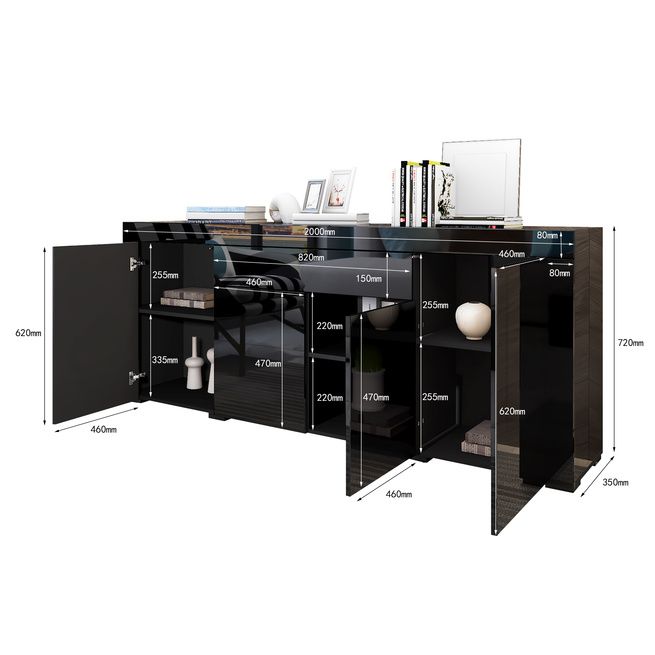 Sideboard Buffet Cabinet Table 4 Doors 1 Drawer High Gloss Front Storage Cupboard Black