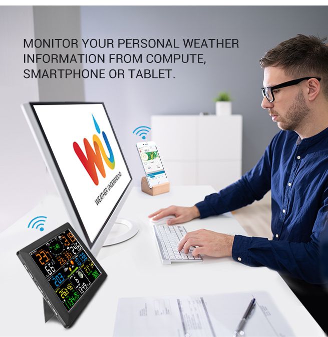 Maxkon WIFI Weather Station Solar Powered for UV Light Temperature Humidity Wind Speed