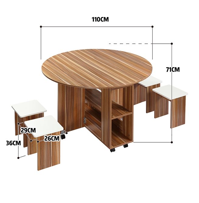 Wooden Folding Dining Table and 4 Chairs Set Round Table with Wheels
