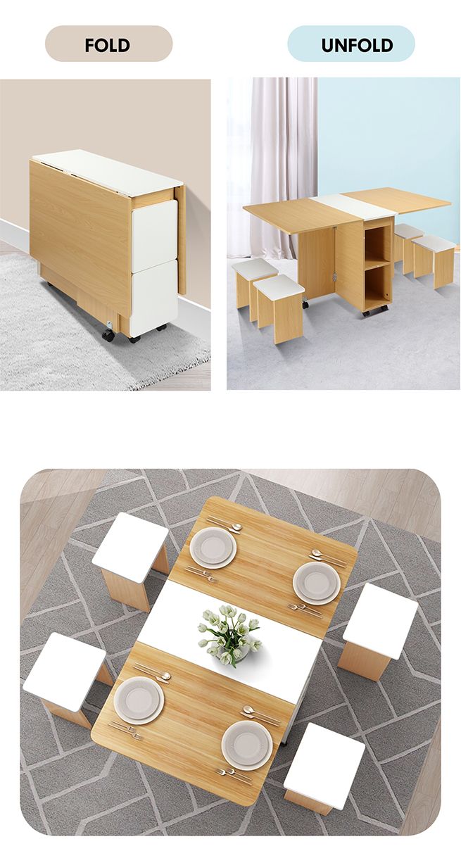Multifunctional 5 Piece Foldable Dining Table and Chair Set Wooden Home Furniture