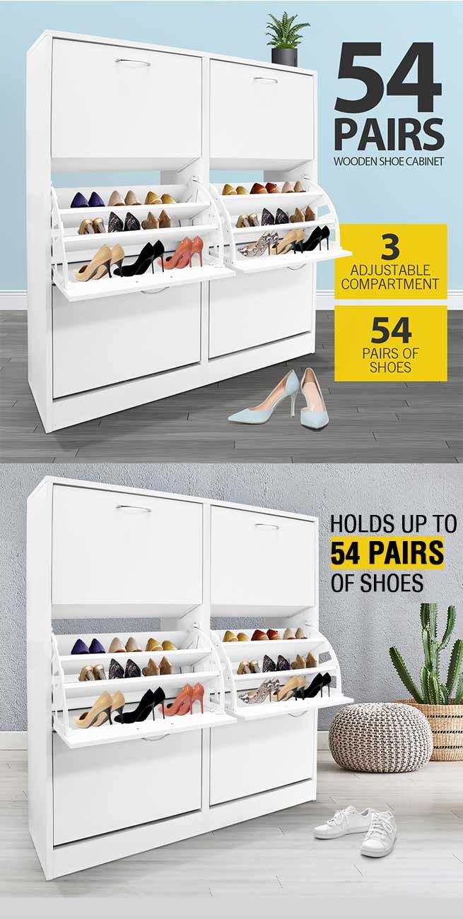 Wood Shoe Cabinet 54 Pairs Shoe Rack White with 6 Compartments