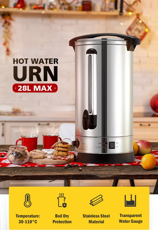 Maxkon 28L Stainless Steel Hot Water Urn 2000W Electric Hot Beverage Dispenser with Boil Dry Protection