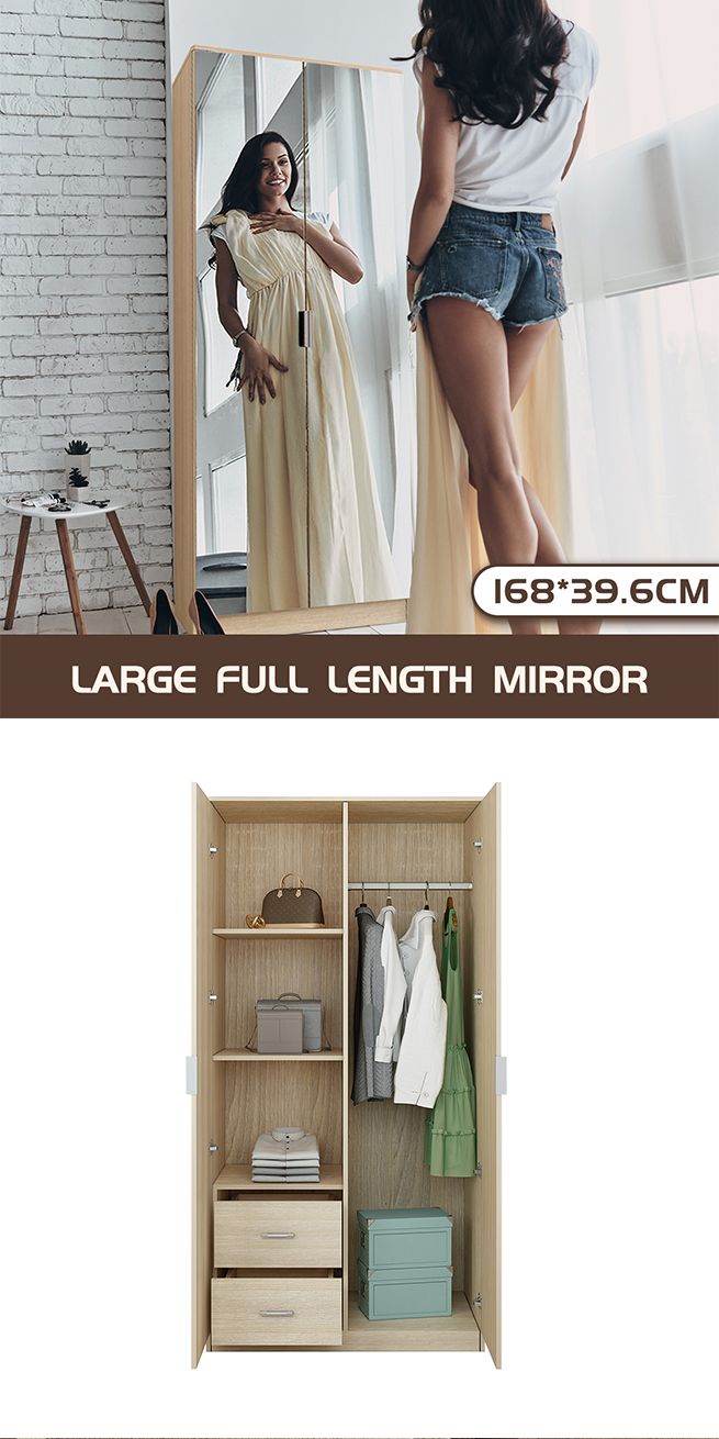 Mirrored 2 Door Oak Wardrobe Dresser with 2 Drawers 3 Storage Shelves Cabinet Closet