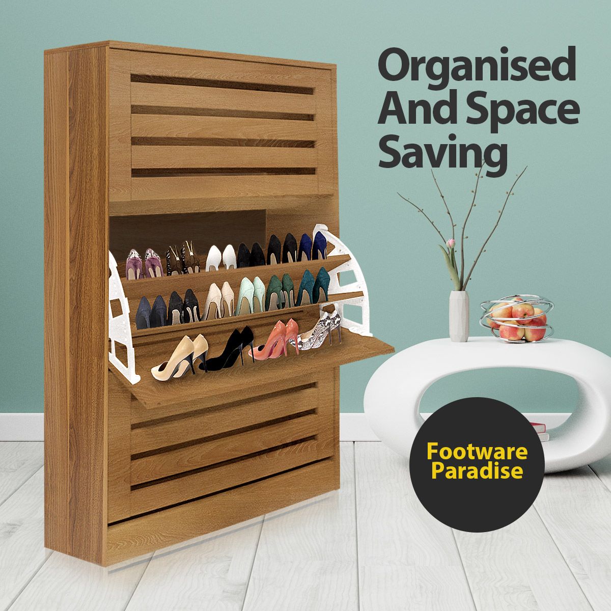 Oak Shoe Cabinet Rack Wooden Shelf Organiser w 3 Drawers 45 Pairs Shoes Storage