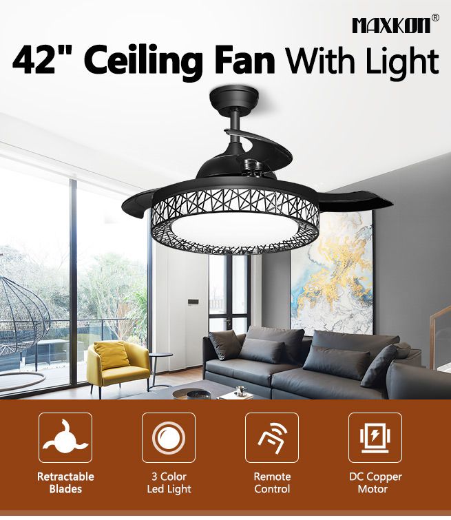 42 Inch Ceiling Modern Fan with LED Lights Remote Control 3 Blades 3 Speed Timer Black