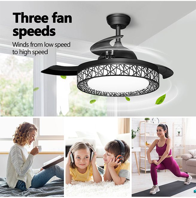 42 Inch Ceiling Modern Fan with LED Lights Remote Control 3 Blades 3 Speed Timer Black