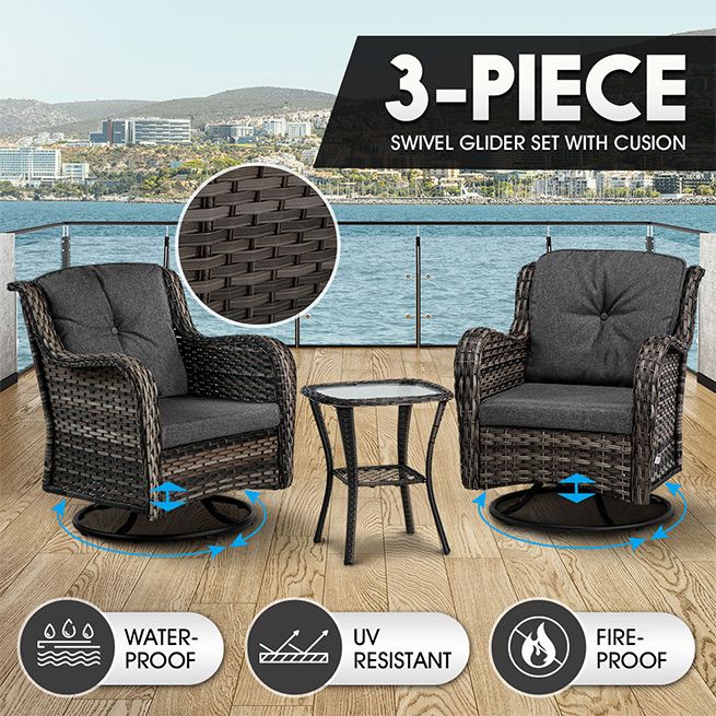 Garden Rocking Chair Swivel Wicker Sofa Patio Set Outdoor Lounge Furniture 3 Pcs