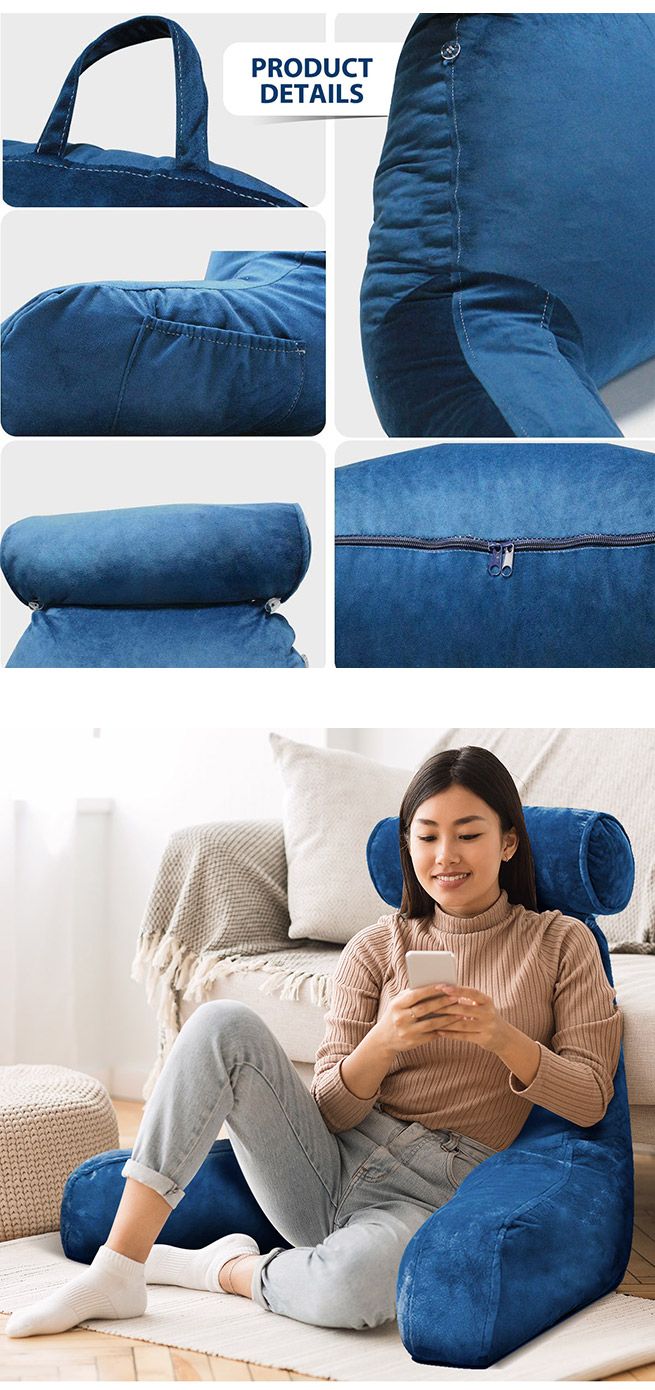 Husband Pillow Bed Reading Cushion Backrest Detachable Neck Roll Shredded Memory Foam Navy Blue