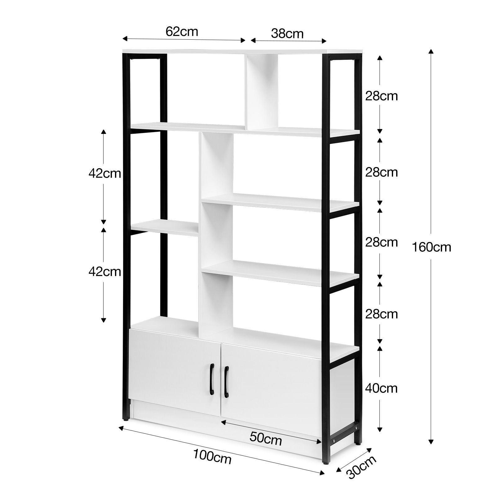 LUXSUITE 5 Tier Display Shelf Bookshelf Bookcase Storage Cabinet Shelving Unit Rack with 2 Lockable Doors