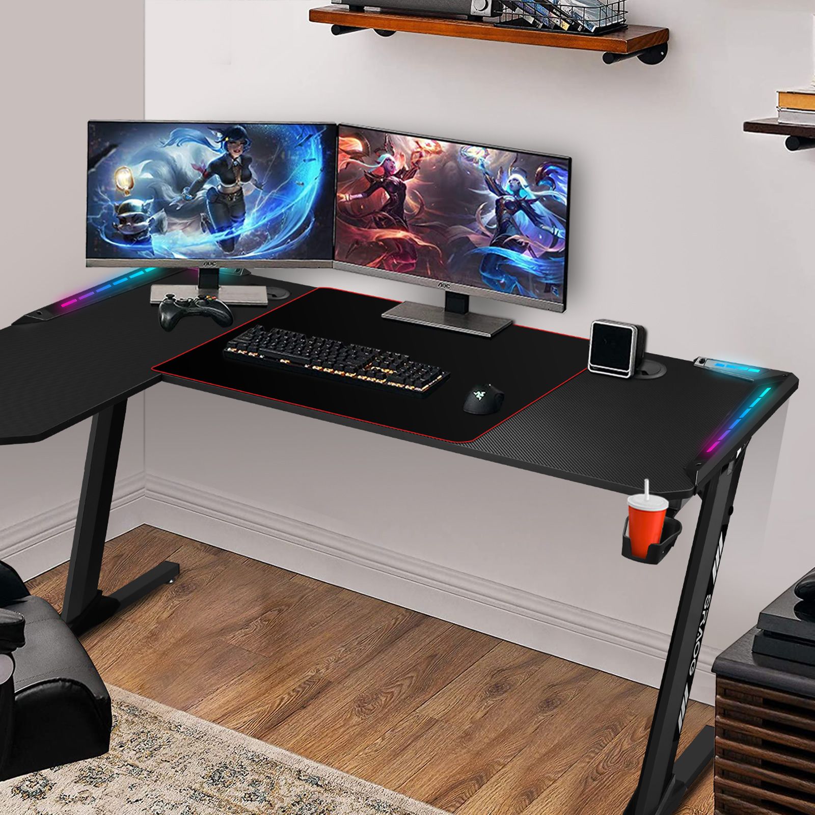 L Shaped Gaming Desk Computer Office Racer Table Desktop RGB LED Carbon Fiber 140CM