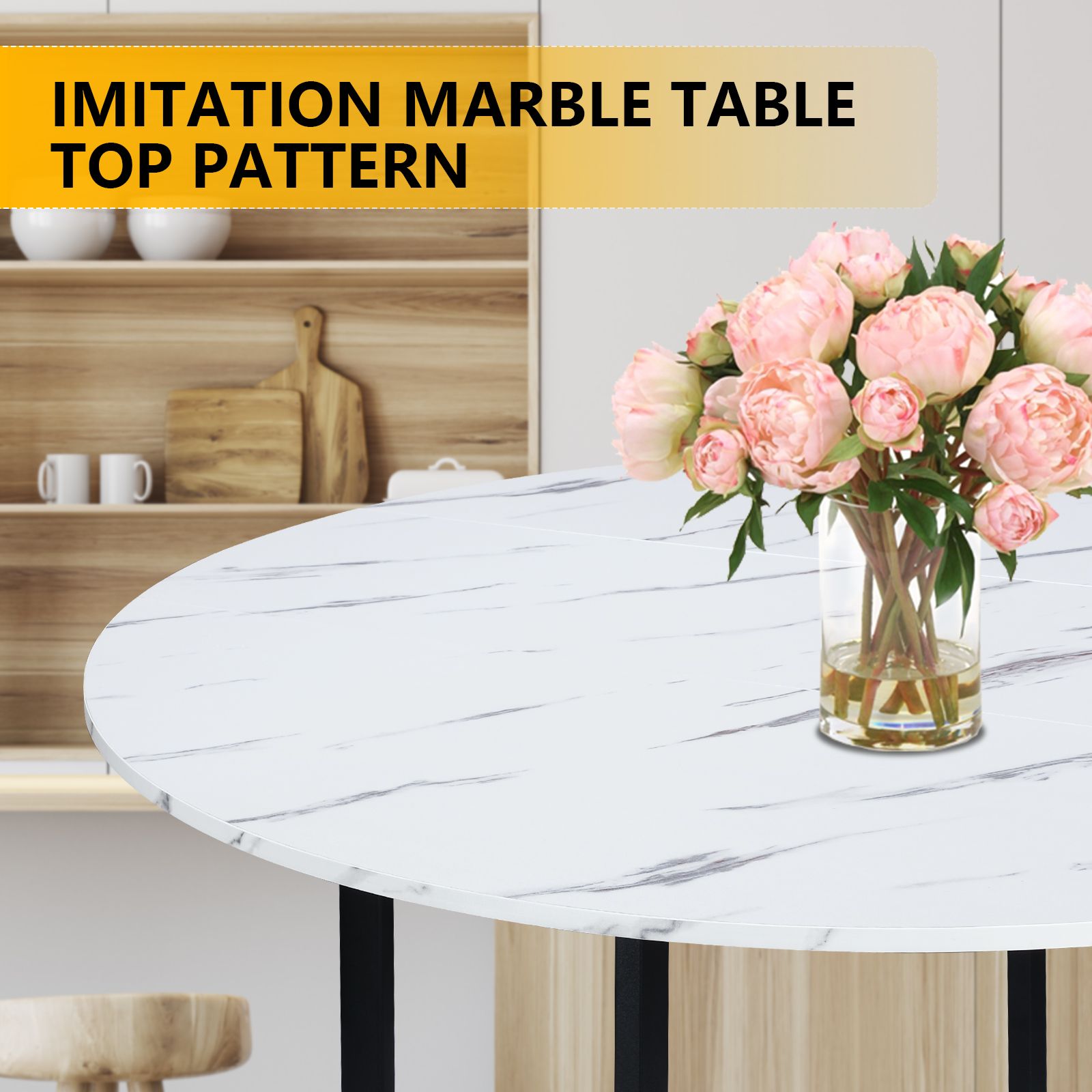 Marble Dining Table Foldable Wood Drop Leaf Multifunctional Desk Wheels Metal Legs White
