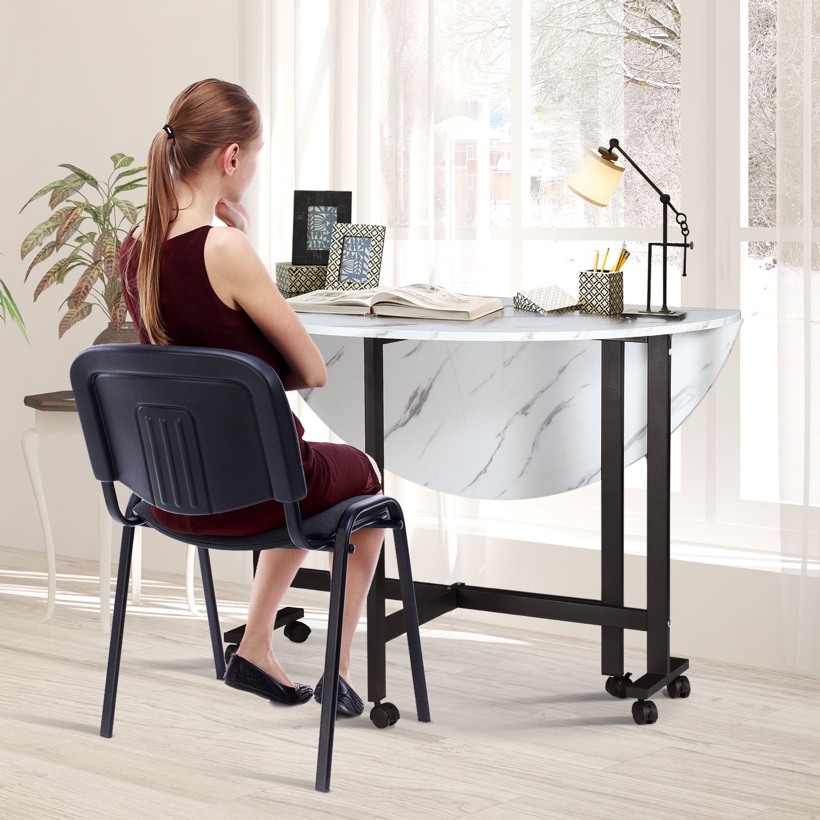 Marble Dining Table Foldable Wood Drop Leaf Multifunctional Desk Wheels Metal Legs White
