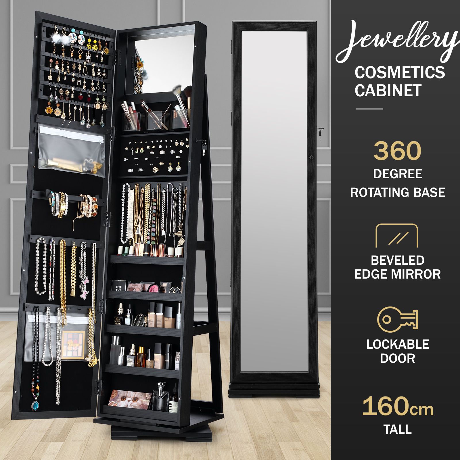 Mirror Jewellery Cabinet Makeup Storage Organiser Armoire 360 Degree Rotating Wood Necklace Earring Ring Holders