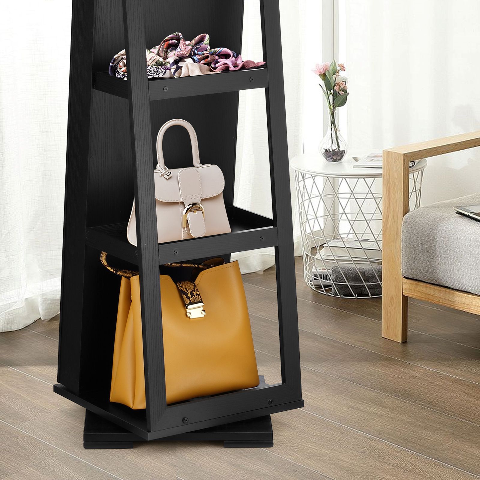 Mirror Jewellery Cabinet Makeup Storage Organiser Armoire 360 Degree Rotating Wood Necklace Earring Ring Holders
