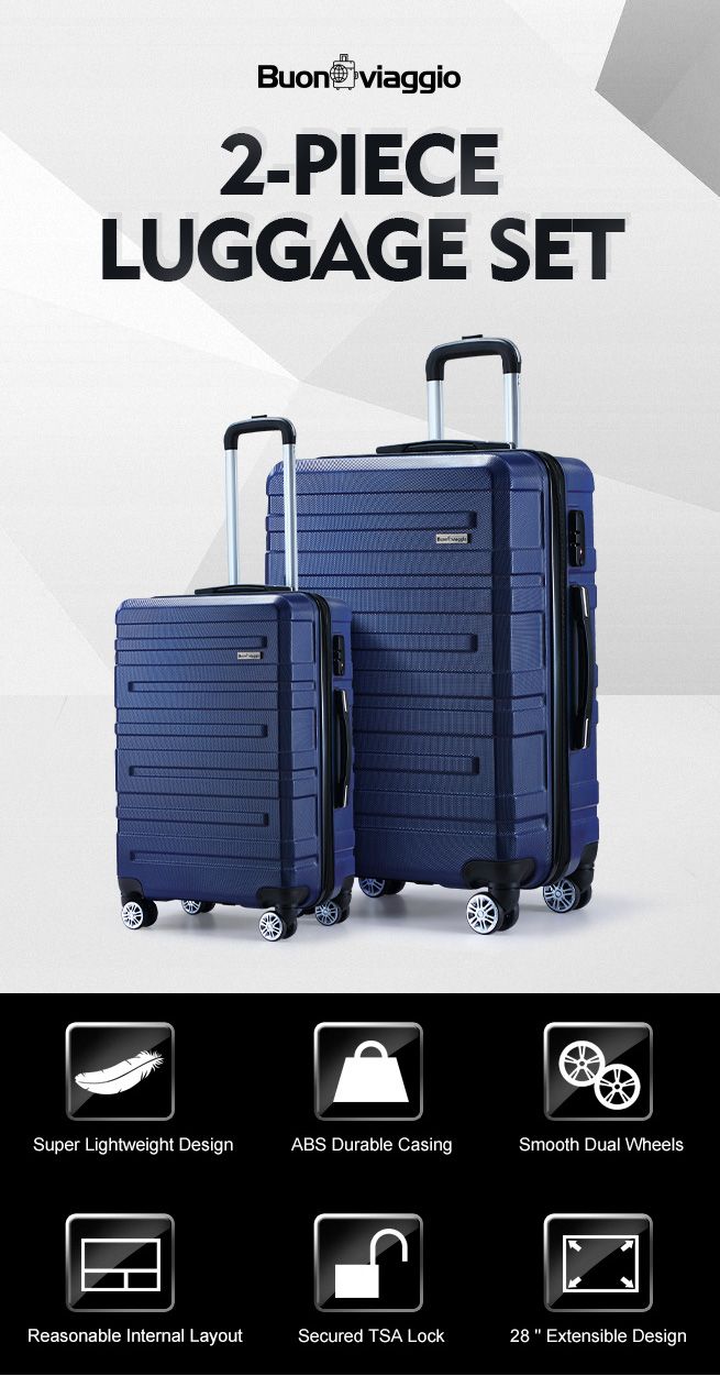 2 Piece Luggage Set Travel Suitcases Carry On Lightweight Hard Trolley TSA Lock Navy Blue