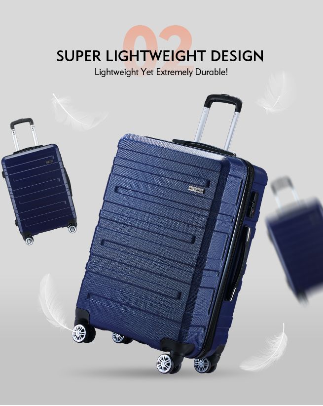 2 Piece Luggage Set Travel Suitcases Carry On Lightweight Hard Trolley TSA Lock Navy Blue