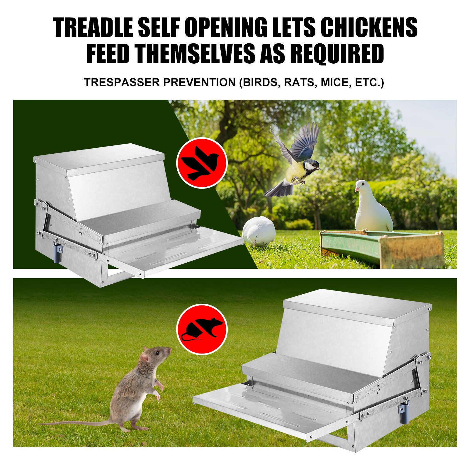 10L Auto Chicken Feeder Automatic Poultry Chook Food Feeding Treadle Spillproof Galvanized Steel Self Opening