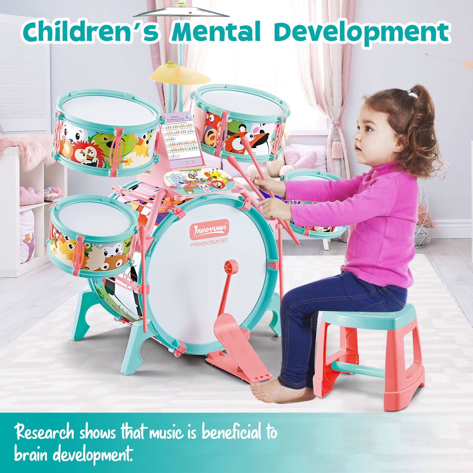 Jazz Drum Play Set Dynamic for Toddler Kid Educational Musical Instrument Toy Plastic Colourful 17 Pieces