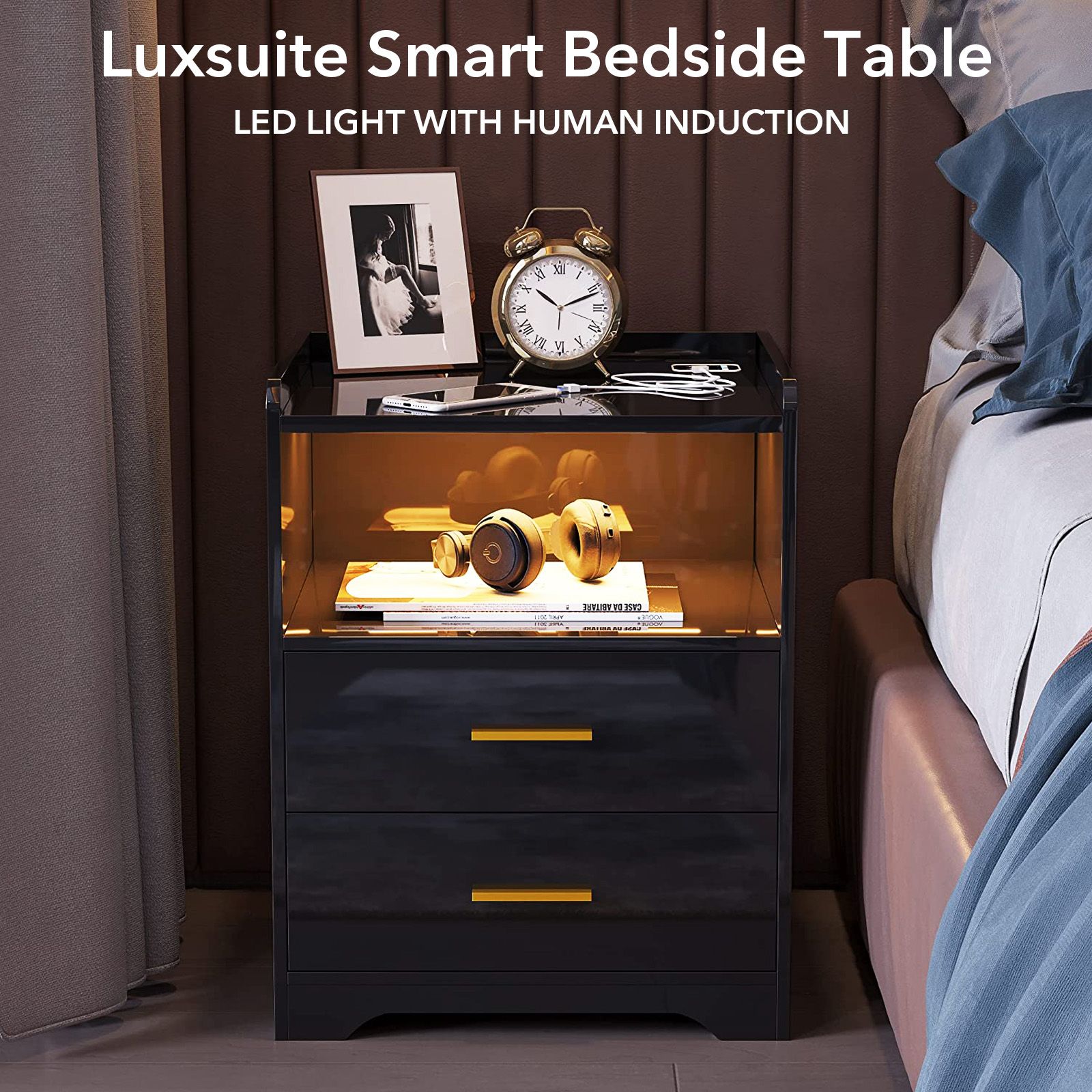 Luxsuite Smart Bedside Table Black LED Side End Nightstand Sofa Storage Cabinet Bedroom Modern Full High Gloss Finish 2 Drawers 2 Open Shelves 2 USB Ports Human Induction