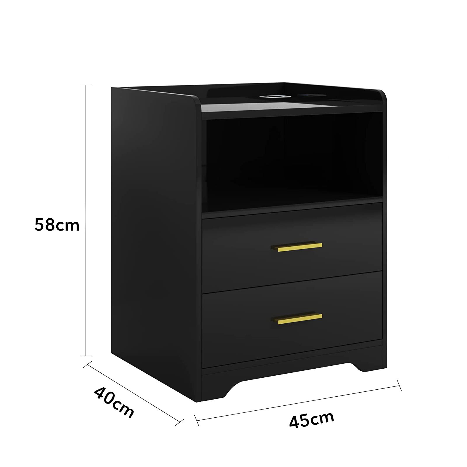 Luxsuite Smart Bedside Table Black LED Side End Nightstand Sofa Storage Cabinet Bedroom Modern Full High Gloss Finish 2 Drawers 2 Open Shelves 2 USB Ports Human Induction
