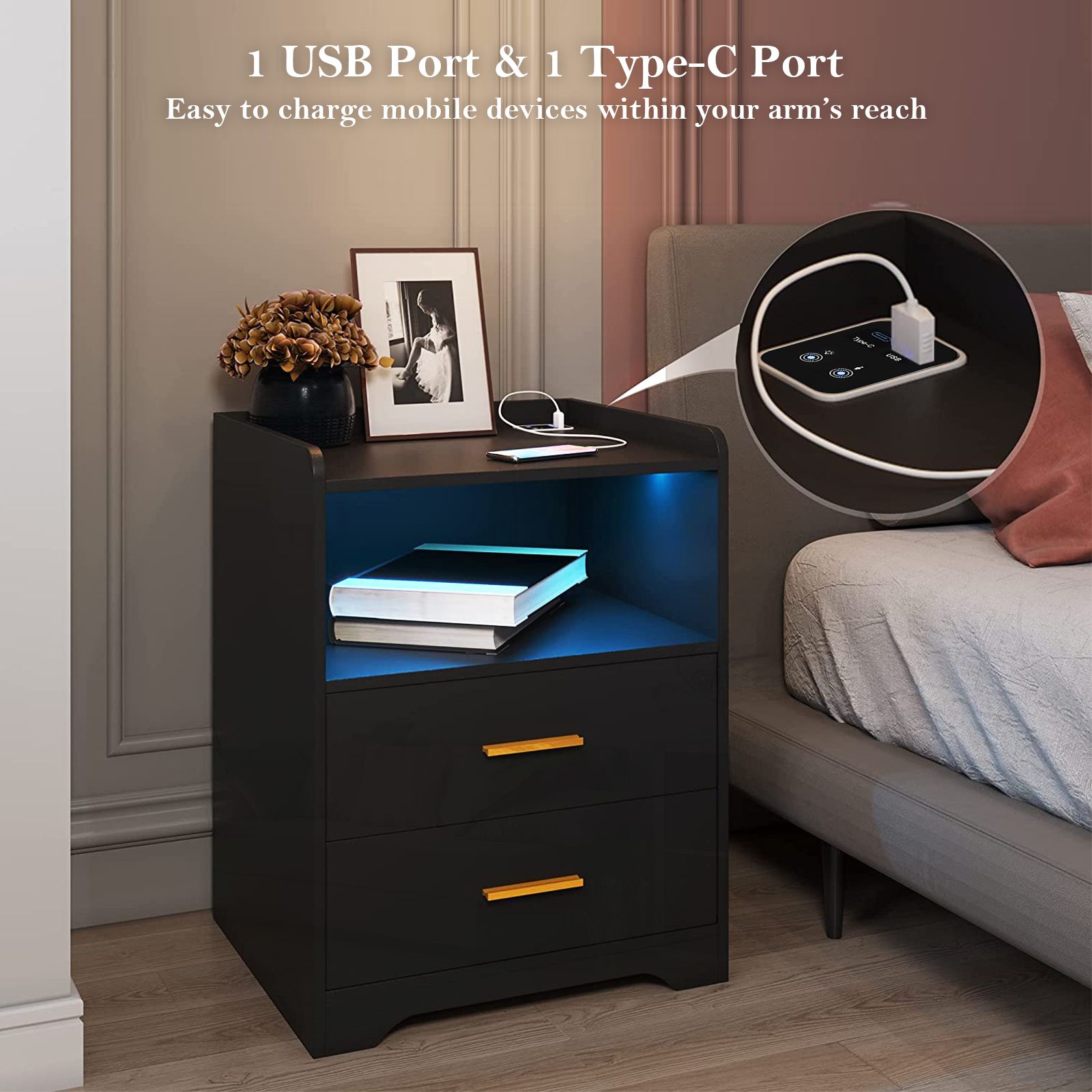 Luxsuite Smart Bedside Table Black LED Side End Nightstand Sofa Storage Cabinet Bedroom Full High Gloss 2 Drawers 1 Open Shelf 2 USB Port Human Induction