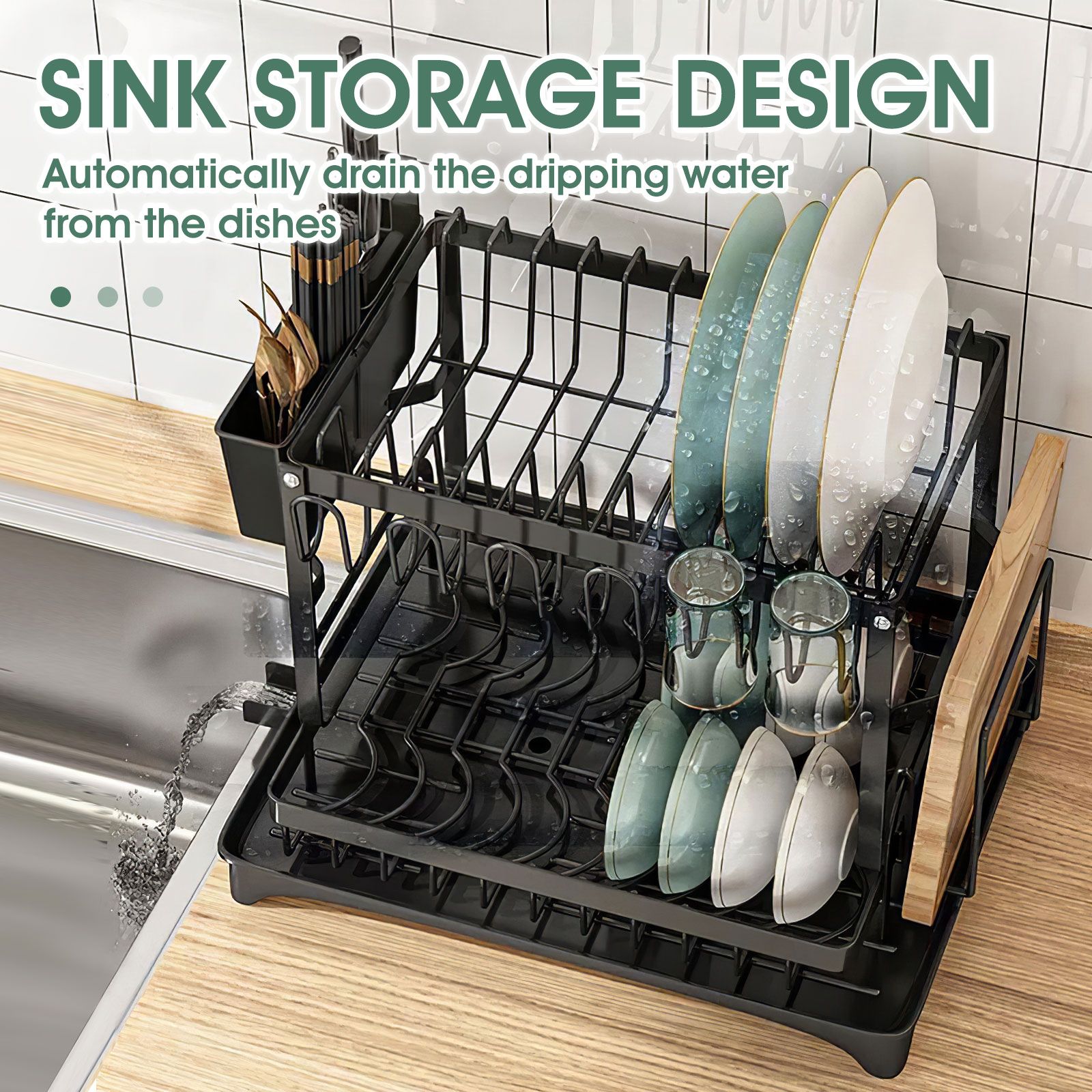 Dish Drying Rack 2 Tier Plate Drainer Cutlery Holder Kitchen Organizer Storage Shelf For Utensil Chopping Board Cup Auto Drainage