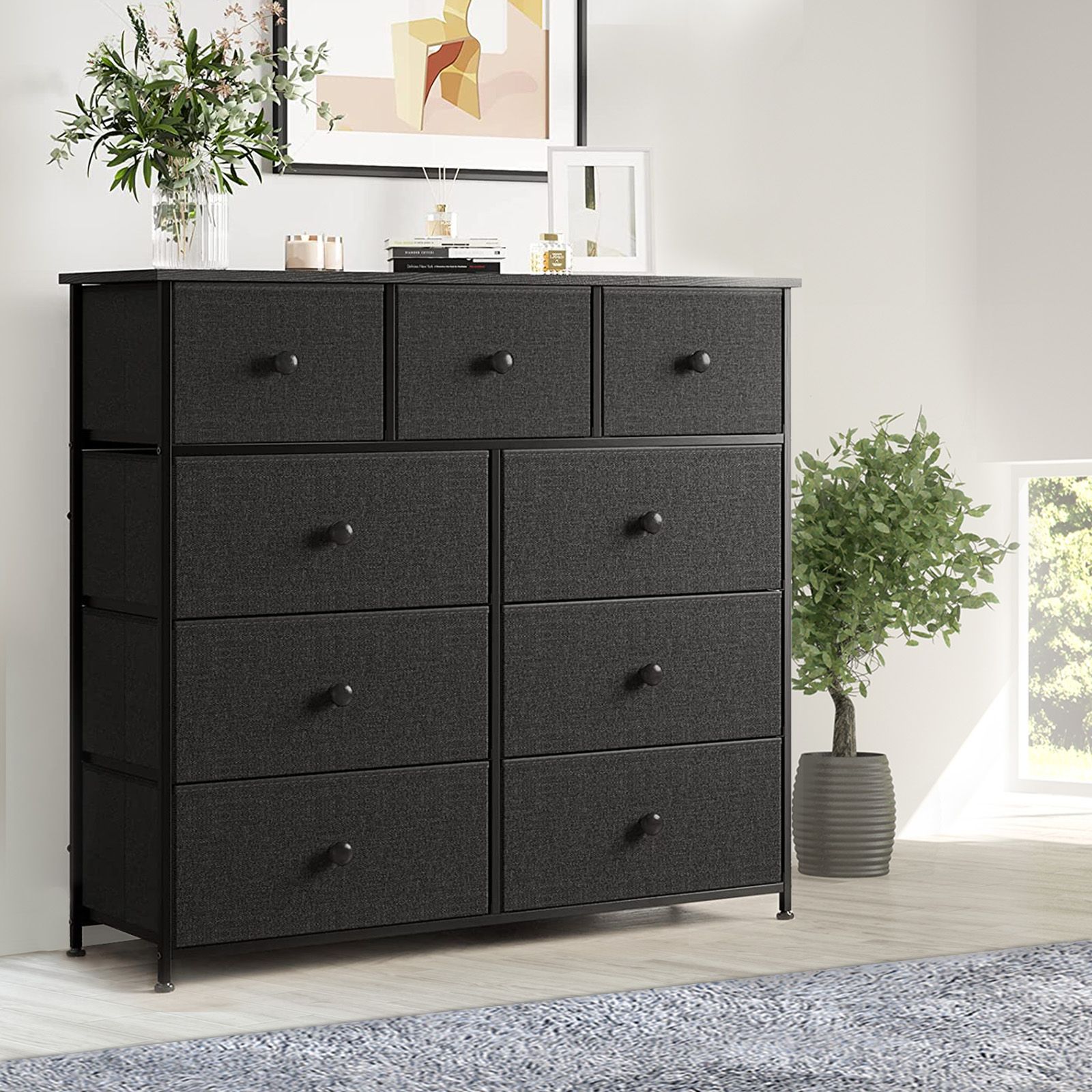 Wide Chest of 9 Drawers Tall Dresser Tallboy Black Console Table Bedroom Closet Organizer Storage Tower Unit Fabric Wood Top