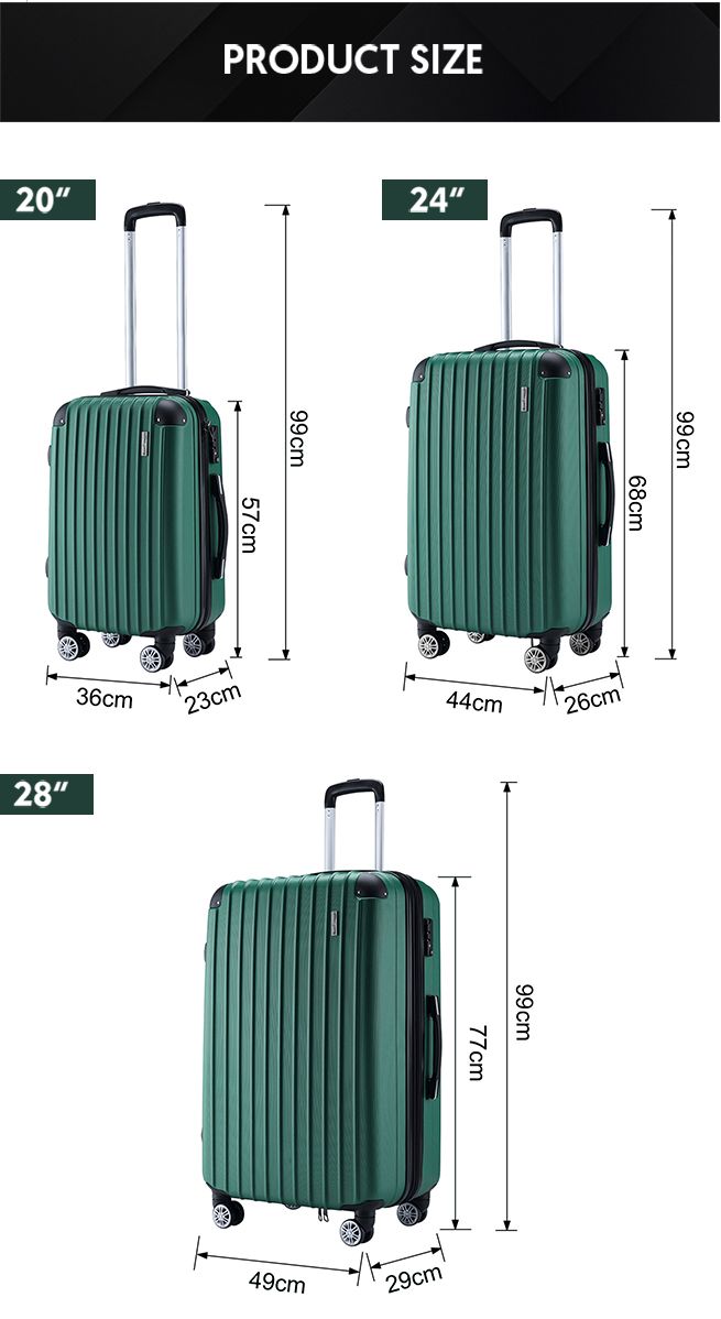 3 Piece Luggage Set Carry On Suitcases Travel Cabin Bags Hard Shell Case with Wheels Lightweight Rolling Trolley TSA Lock 2 Covers Green