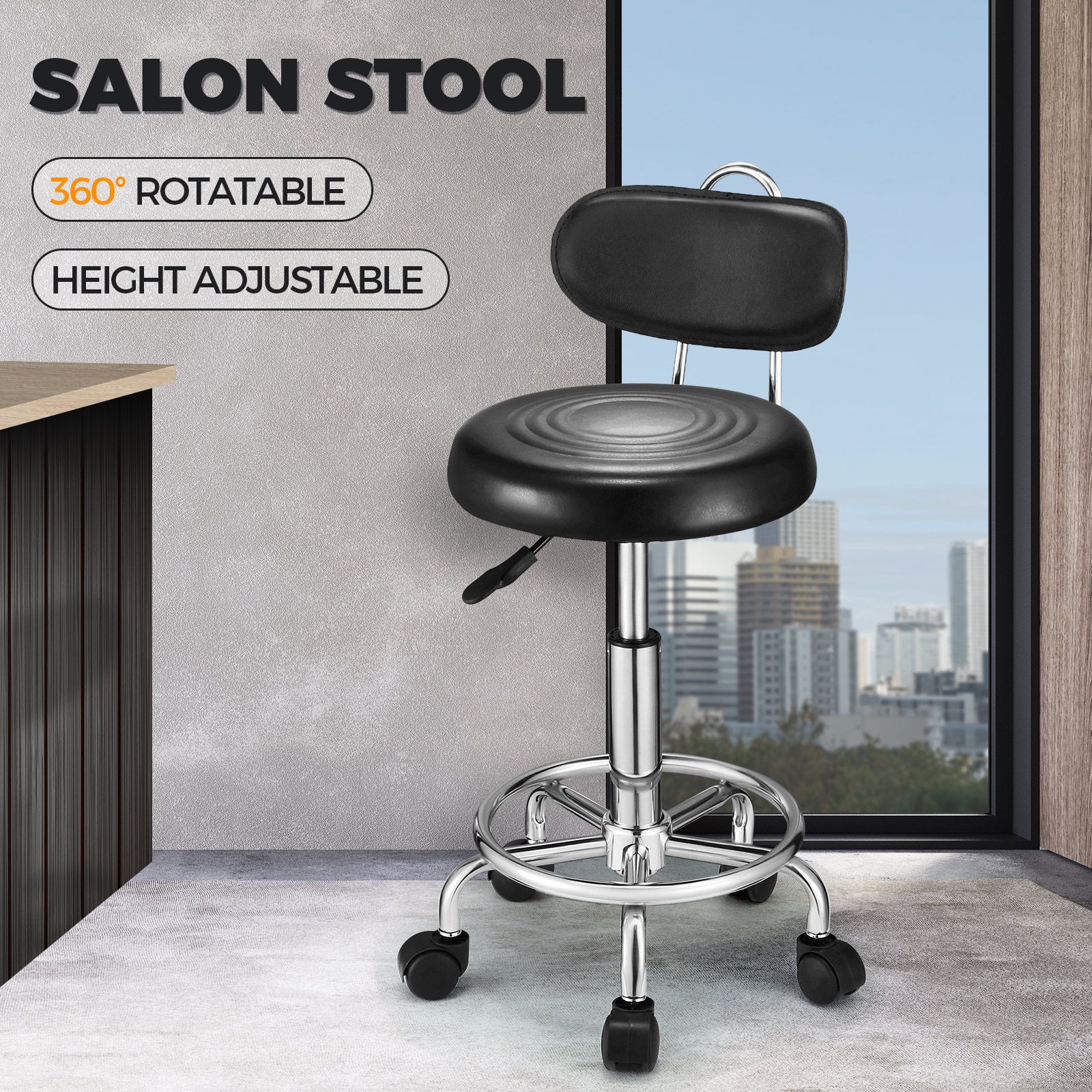 Barber Chair Salon Stool Beauty Clinic Hairdressing Rotatable Height Adjustable Round PU Black With Back