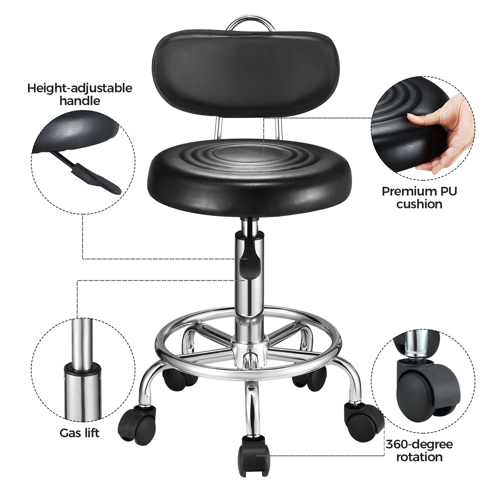 Barber Chair Salon Stool Beauty Clinic Hairdressing Rotatable Height Adjustable Round PU Black With Back
